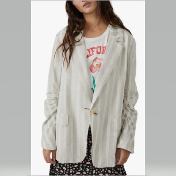 Free People Fern Stripe Oversize Linen Blend Blazer Size S NWT - Picture 1 of 14
